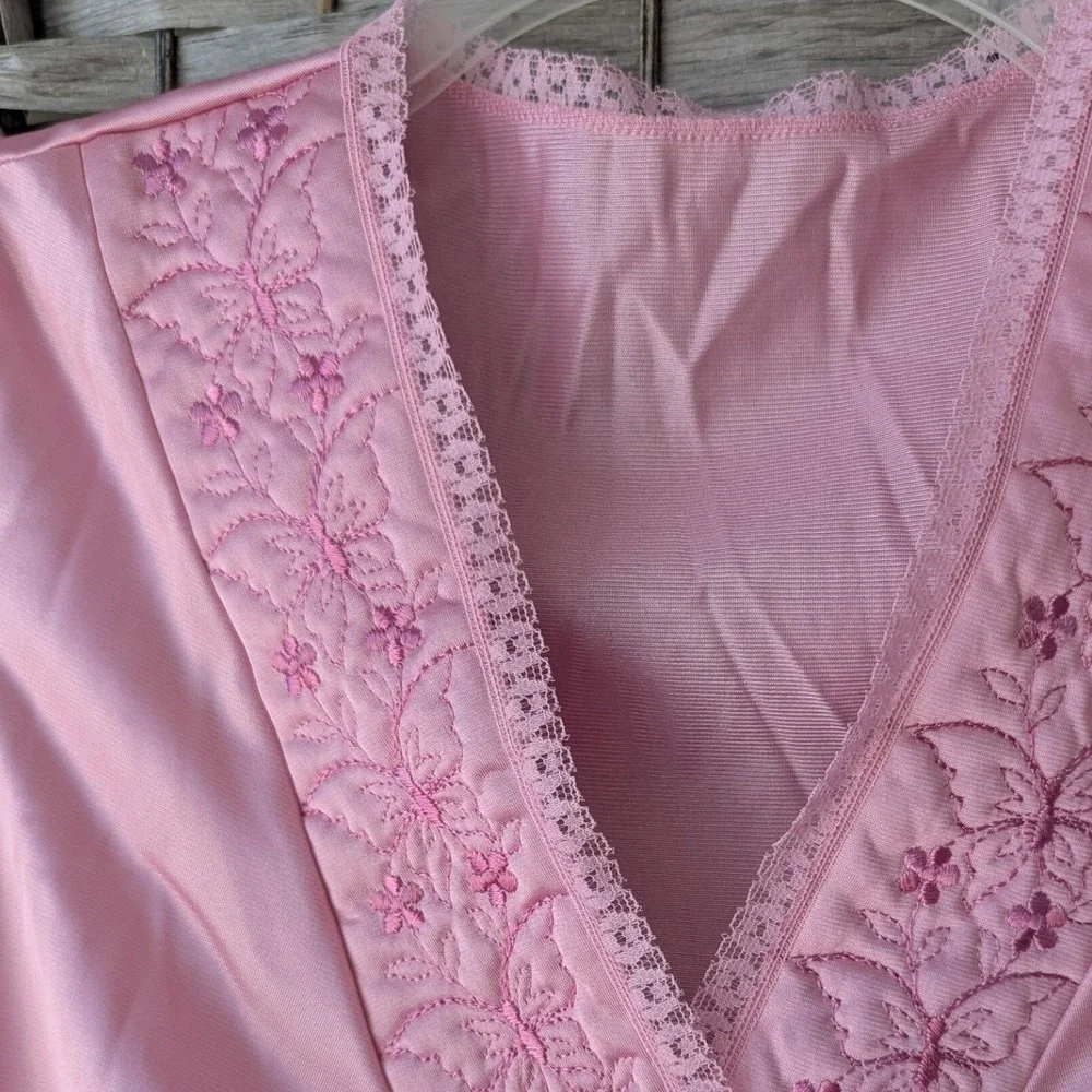 Vtg 80s Deadstock‎ Sleeveless Nightgown Pink Floral Embroidered Lace Trim Sz M